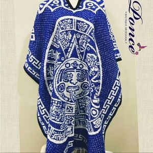 Blue Poncho with White Tribal Design
